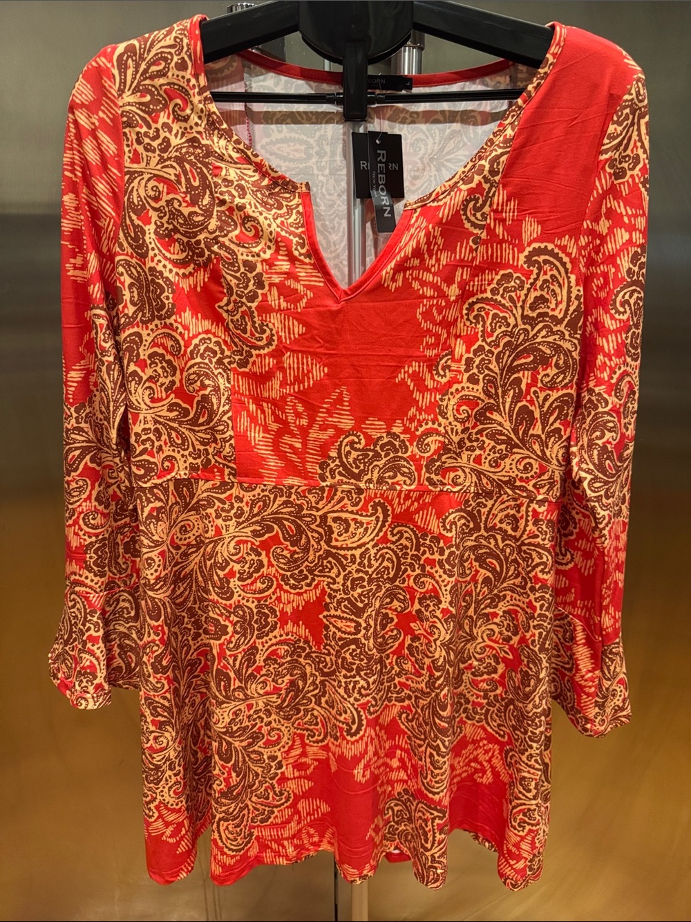 Reborn Red and Tan Paisley V-Neck Tunic